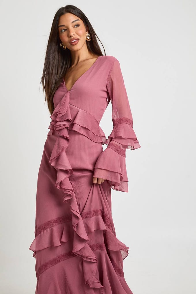 boohoo Dames Chiffon Ruches Kant Detail Maxi Jurk | Roos | Maat: 34