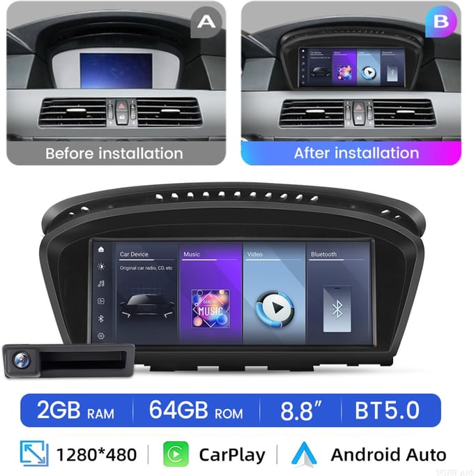 Hexinex Autoradio Geschikt voor BMW E60 E61 E63 E90 E91 E92 CCC-system - Draadloos CarPlay, Android Auto, multimediaspeler, GPS NAVI, WIFI, 2+64GB