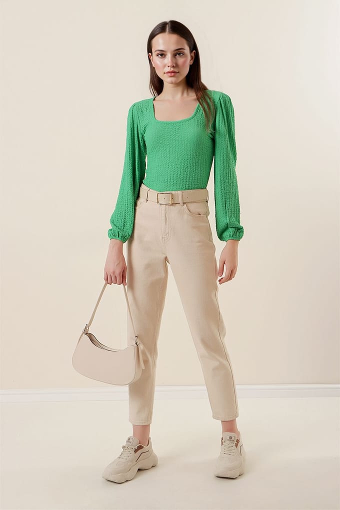 Getextureerde Vierkante Kraag Lange Mouwen Blouse