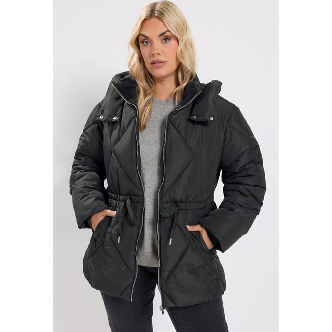 Yours Zwarte Diamantgequilteerde Pufferjas Size 42