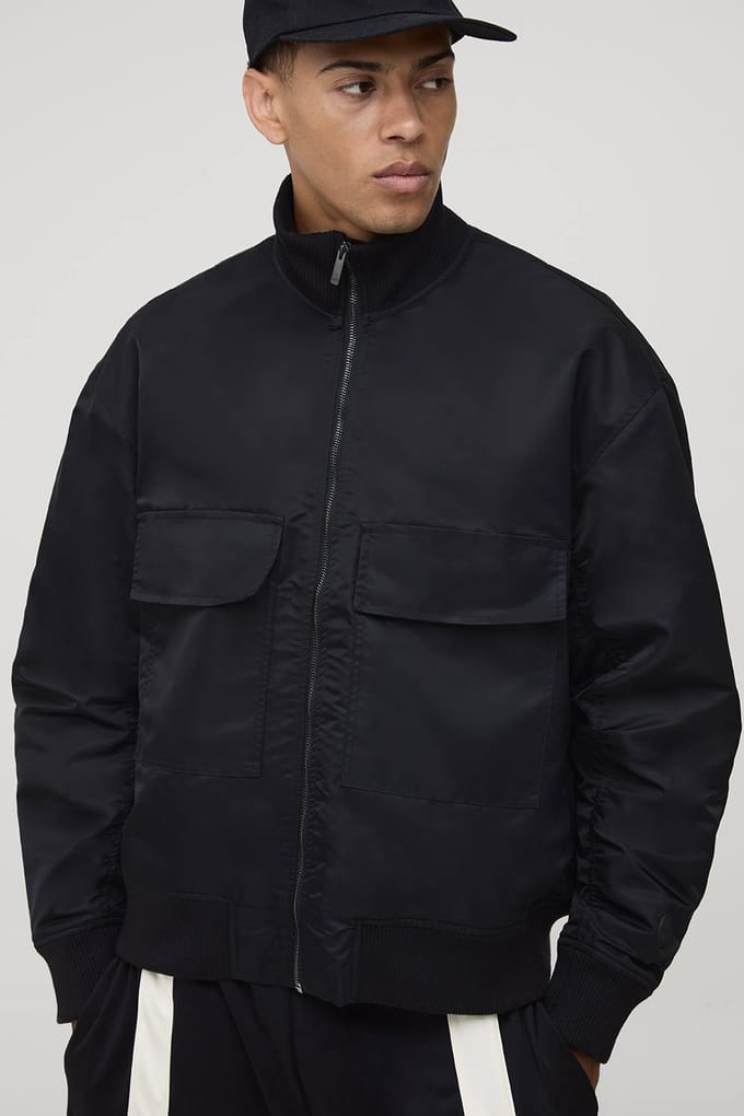 Oversized pasvorm chunky rib funnel neck bomberjack | Black | Size Large