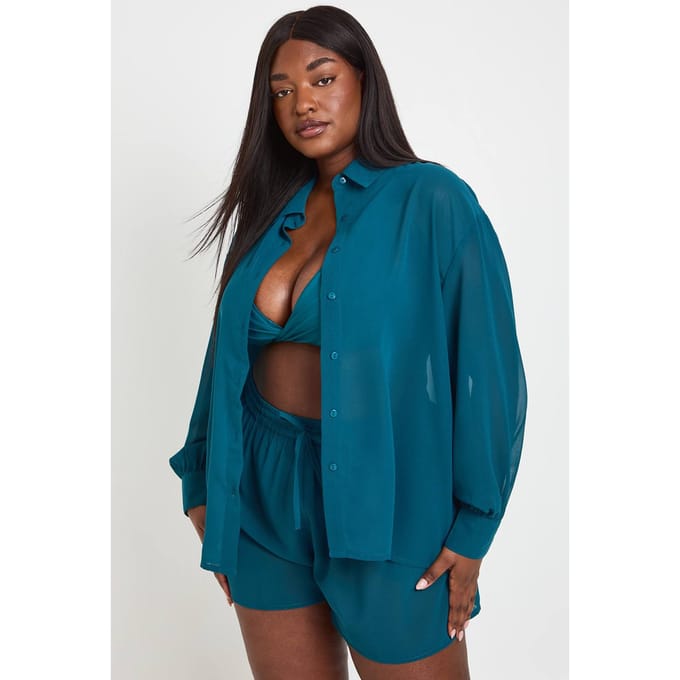 boohoo Dames Plus Chiffon Strandshort | Teal | Maat: 28