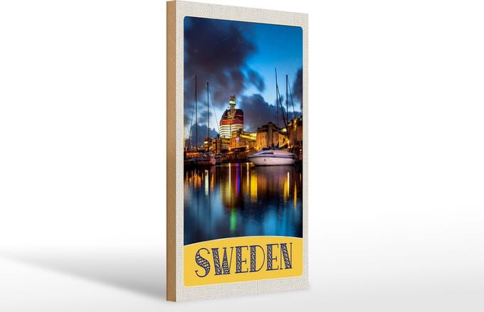 Holzschild Reise 20x30cm Schweden Boote Gebäude Meer
