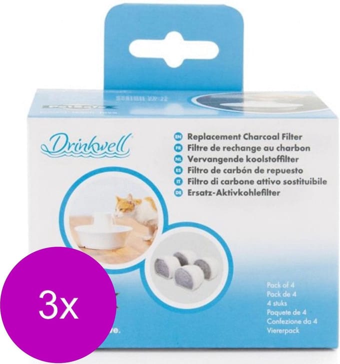 Petsafe Drinkwell Vervangende Koolfilter - Kattendrinkbak - 3 x 10x7.5x6.5 cm Grijs 4 stuks