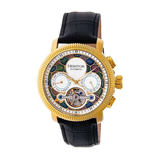 Heritor Automatic Aura Heren Semi-Skelet Lederen Band Horloge - Goud/Wit