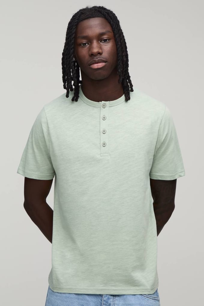 Slim Fit Slub Henley T-Shirt | Sage | Size Small