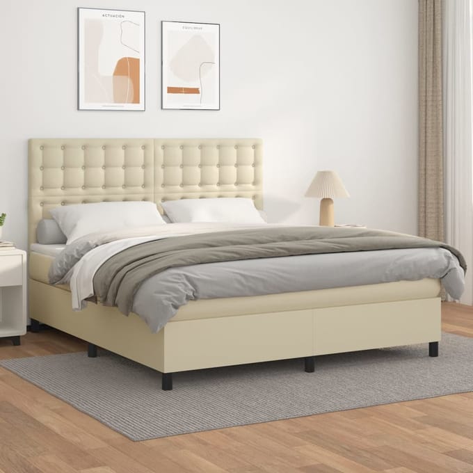 vidaXL - Boxspring - met - matras - kunstleer - crèmekleurig - 180x200 - cm
