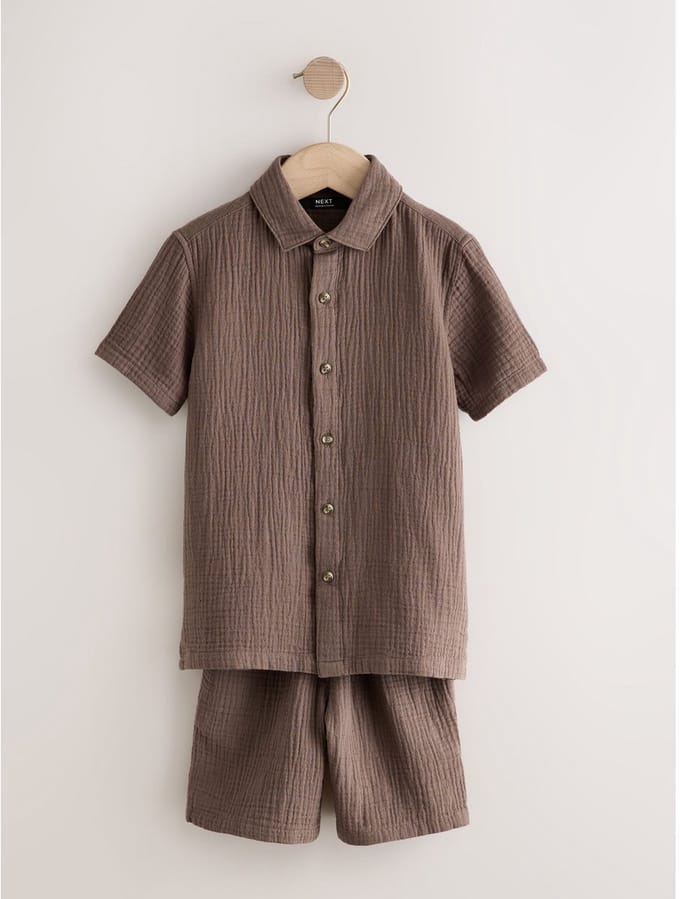Next - Jongens - Set van dubbelkaags overhemd met textuur en short - Bruin