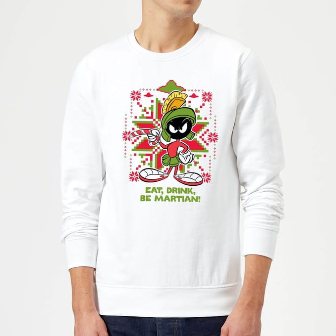 Looney Tunes Eat Drink Be Martian Christmas Jumper - White - M