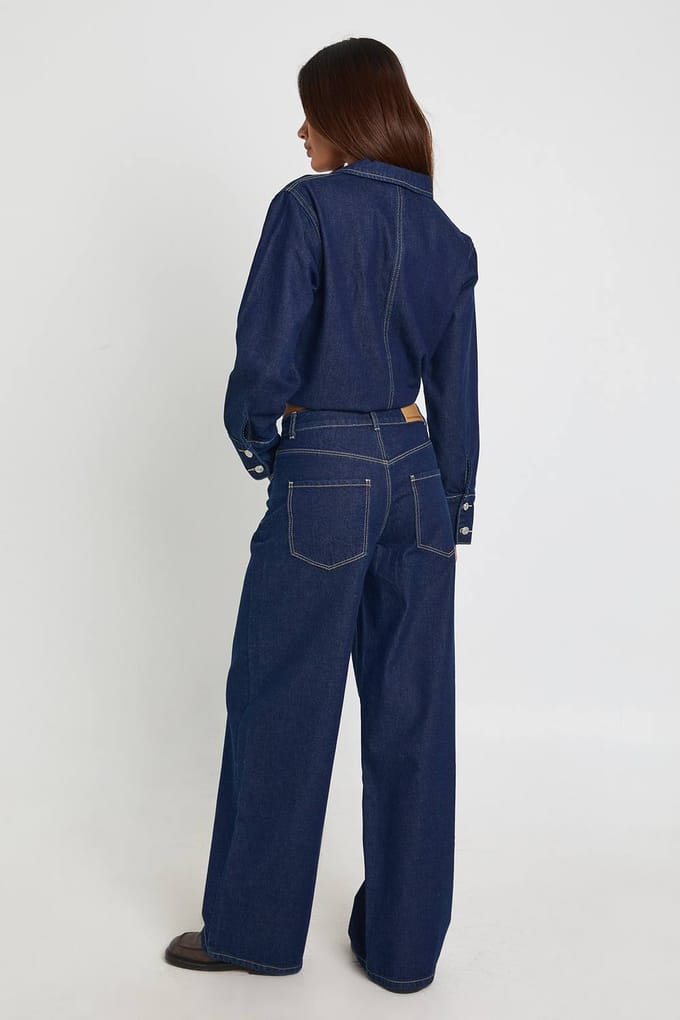 boohoo Dames Hoge Taille Wijde Pijpen Jeans | Indigo | Maat: 34