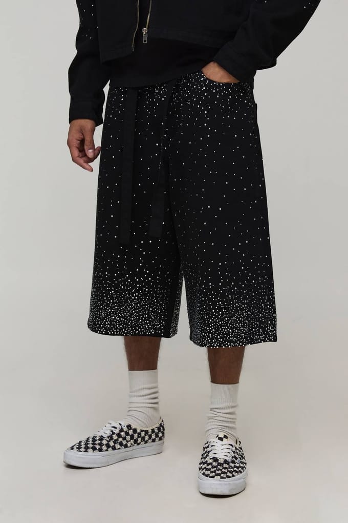 Gewassen Relaxed Fit Jeans Short Met Riem En Strass | Washed Black | Size 34