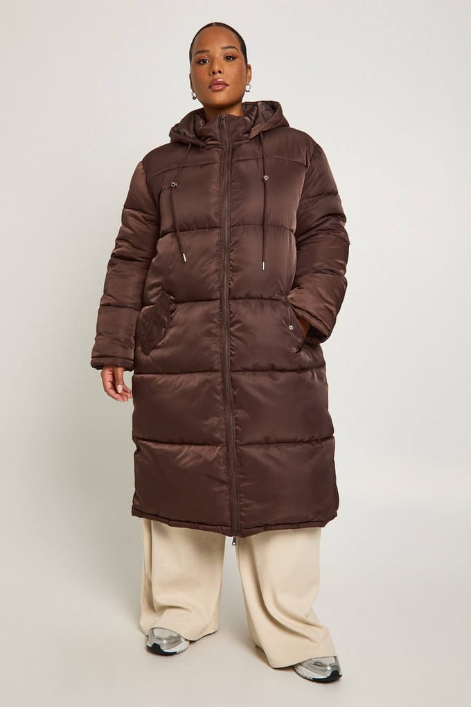 boohoo Dames Plus Lange Puffer Jas | Chocoladebruin | Maat: 46