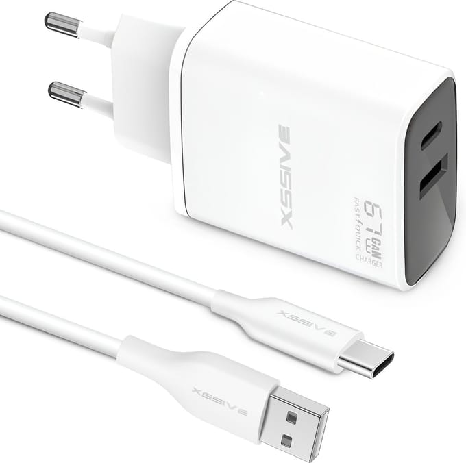 Oplaadstekker met USB C Kabel - Twee Poorten - USB-C + USB-A - 1 Meter - Geschikt voor Google, Samsung, iPhone 16 etc.,