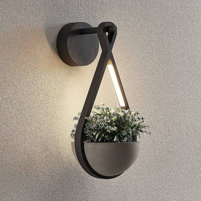 Lucande LED buiten wandlamp Florka, natuursteen, hanging basket