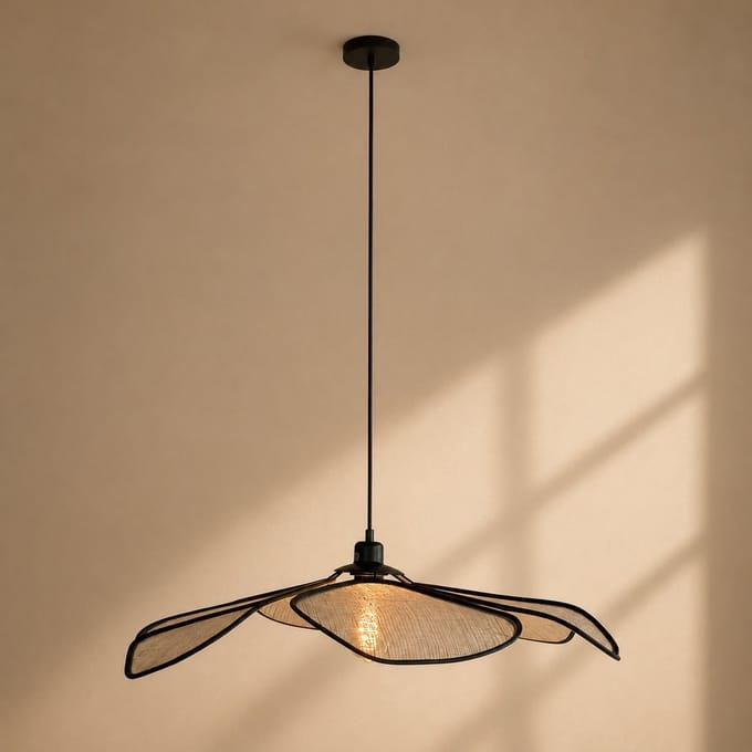 Hanglamp LumaFlora 4368CR – creme linnen designlamp met zwart metalen frame, hoogte instelbaar, diameter 80 cm, merk Anne Light Home