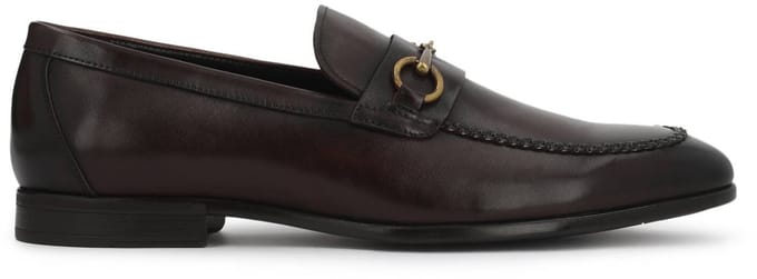 Brown men's loafers with leather upper and metal embellishment