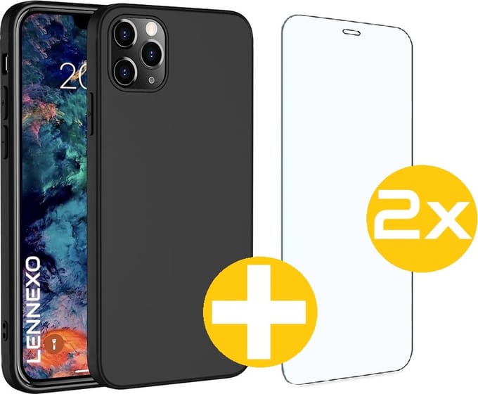 Hoesje en Screenprotector Combi Geschikt Voor iPhone 13 Pro Max - Zwarte Siliconen Hoesje + 2x Screenprotector