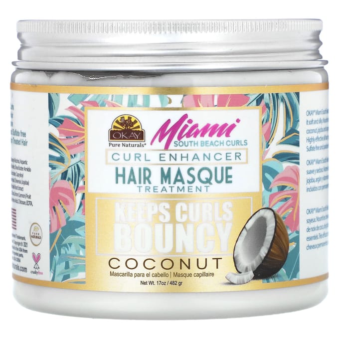 Okay Pure Naturals, Miami South Beach Curl, Soin Masque Améliorateur de Boucles, Noix de Coco, 17 oz (482 g) beige