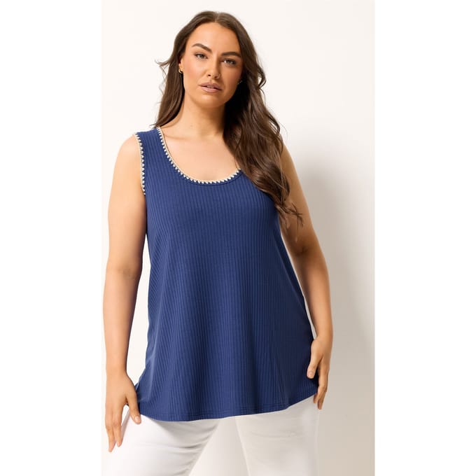 Yours Kobaltblauwe Geribbelde Top Met Contrasterende Deksteek Size 42