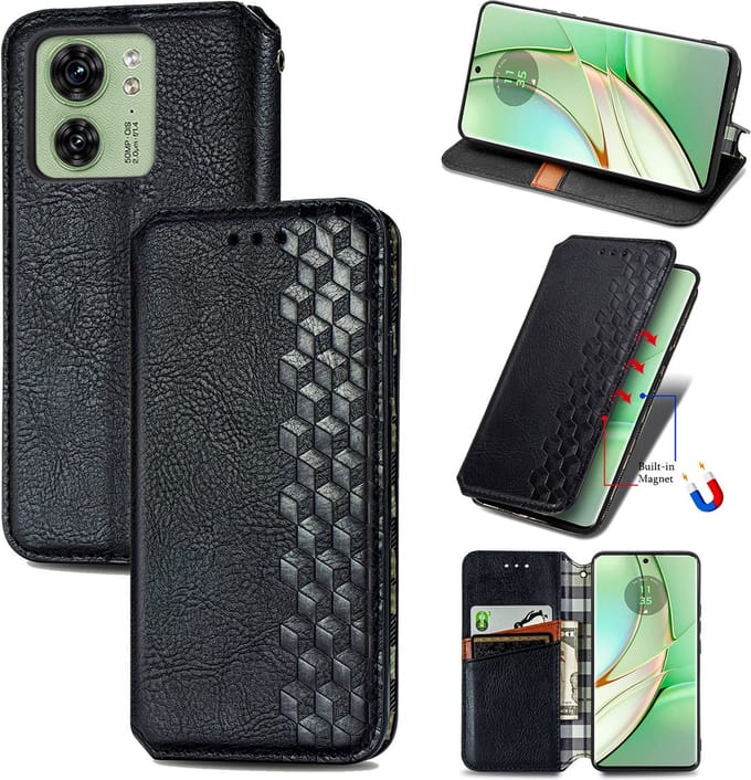 Luxe PU Lederen Ruitpatroon Wallet Case + Glas Screenprotector voor Motorola Edge 40 _ Zwart