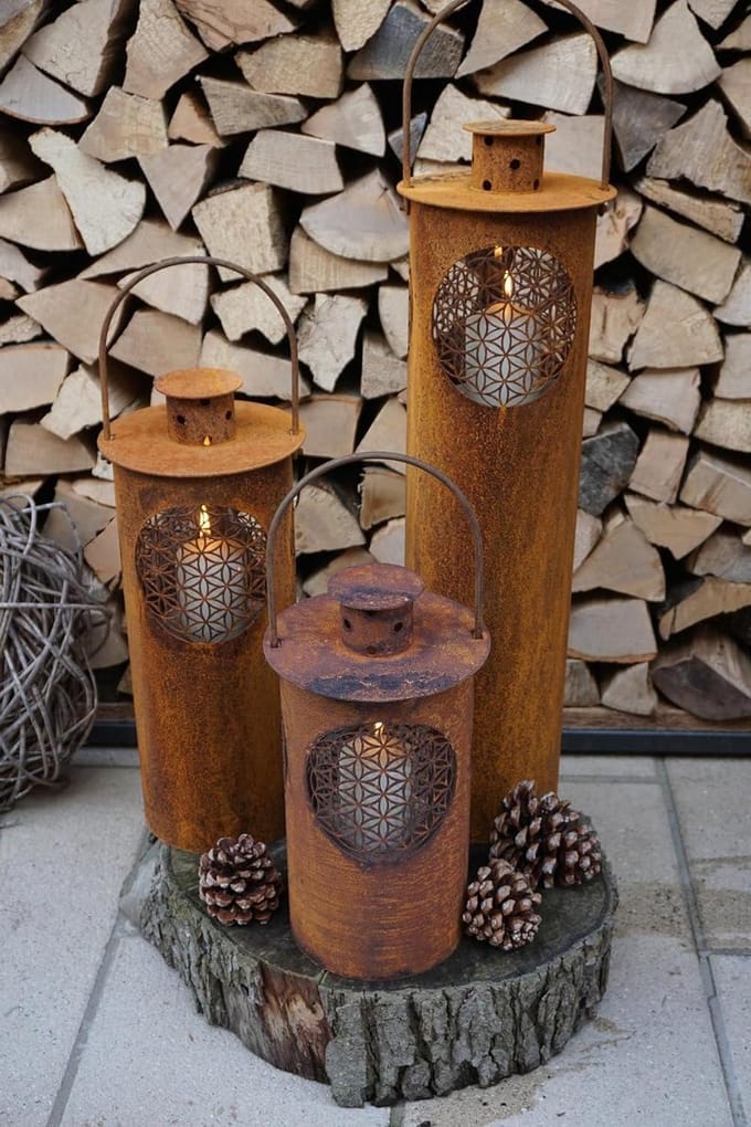 Lantaarn - Windlicht Decoratie - Sfeerverlichting Buiten - Rustiek Design - Ø 16 cm / 47 cm - Roest