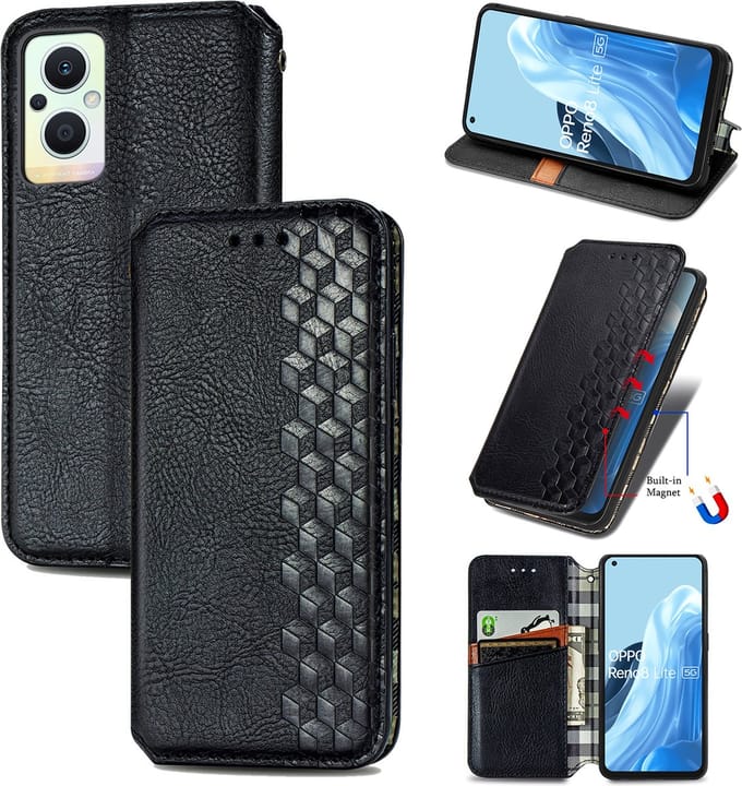 Luxe PU Lederen Ruitpatroon Wallet Case + Screenprotector voor OPPO Reno 8 Lite _ Zwart