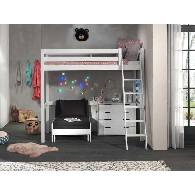 LUCEVI - Pino Mezzanine Bed + Ladder + Commode 4 Laden + Slaapfauteuil - Wit - 90x200 cm