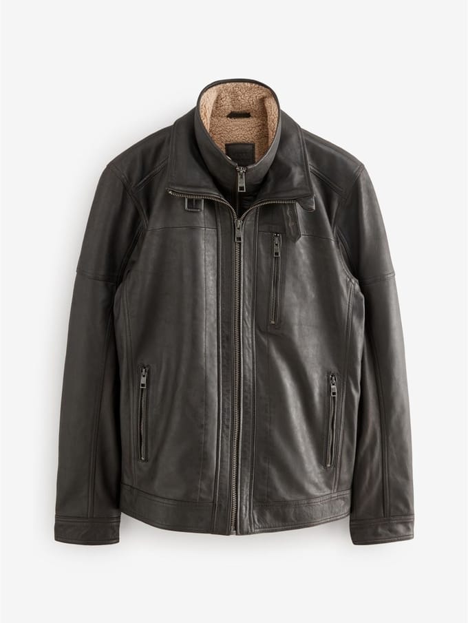 Next - Heren - Leren jack met borgvoering en vier zakken - Bruin
