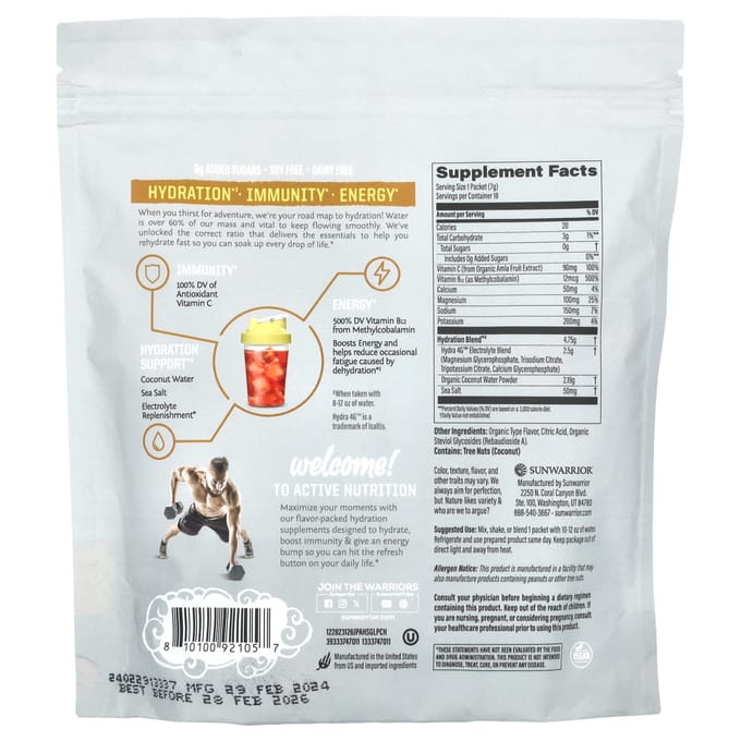 Sunwarrior Active Hydration Stick Packs (18x7g) Juicy Pineapple - Intra- & Post-Workout - Intra-Workout