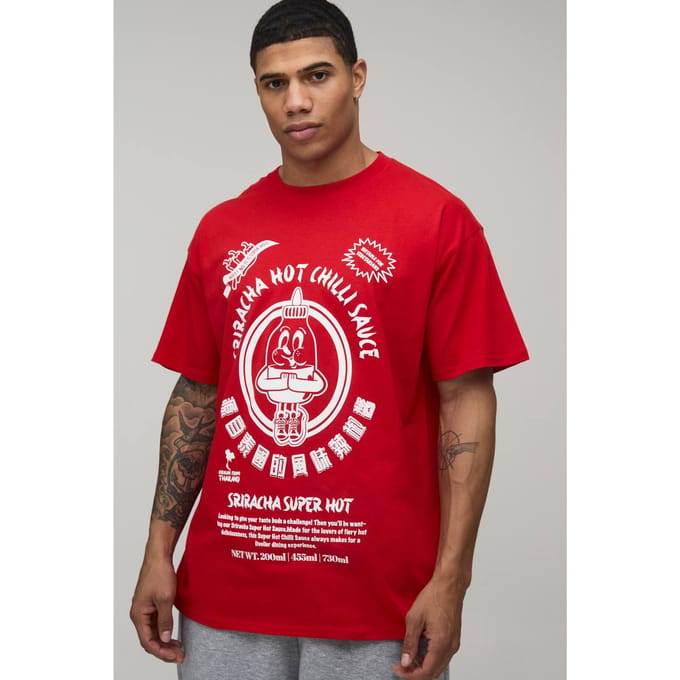 Siracha Hot Chilli Sauce Oversized License Print T-Shirt | Red | Size Large