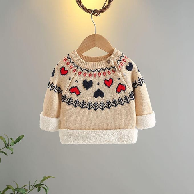 Pull pour filles avec velours épais et double couche hiver pull de base tricoté pour enfants 120 beige