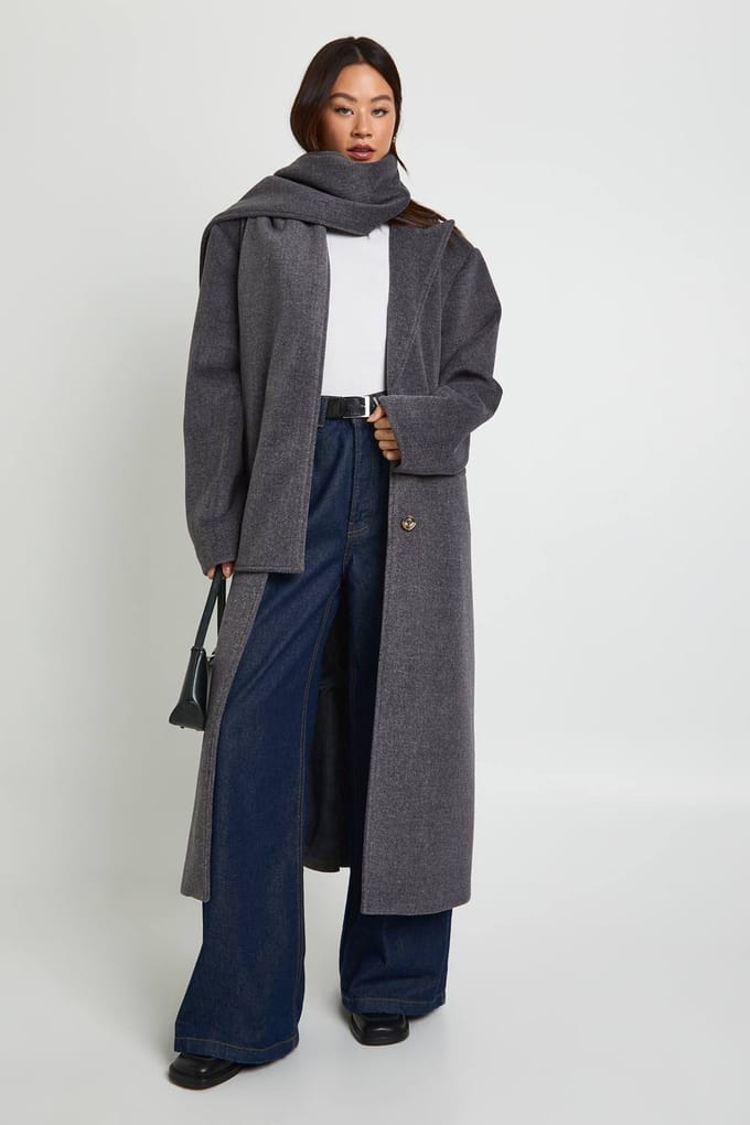 boohoo Dames Lange wollen-look jas met sjaal | Charcoal | Maat: 10