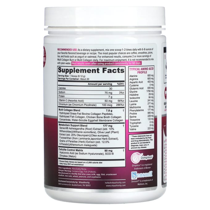 Vitauthority, Multi Collagen Burn, sans saveur, 5,73 oz (162,4 g)