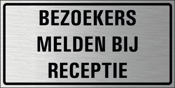 Bezoekers melden bij receptie bord, geborsteld aluminium 200 x 100 mm