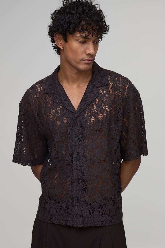 Oversized Boxy Revere Overhemd Met Korte Mouwen En Kant | Chocolate | Size Medium