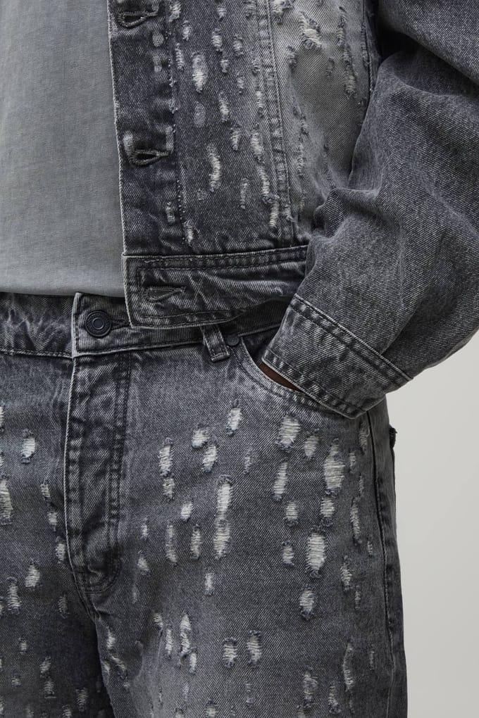 Extreme Distressed Longline Denim Jorts | Charcoal | Size 52