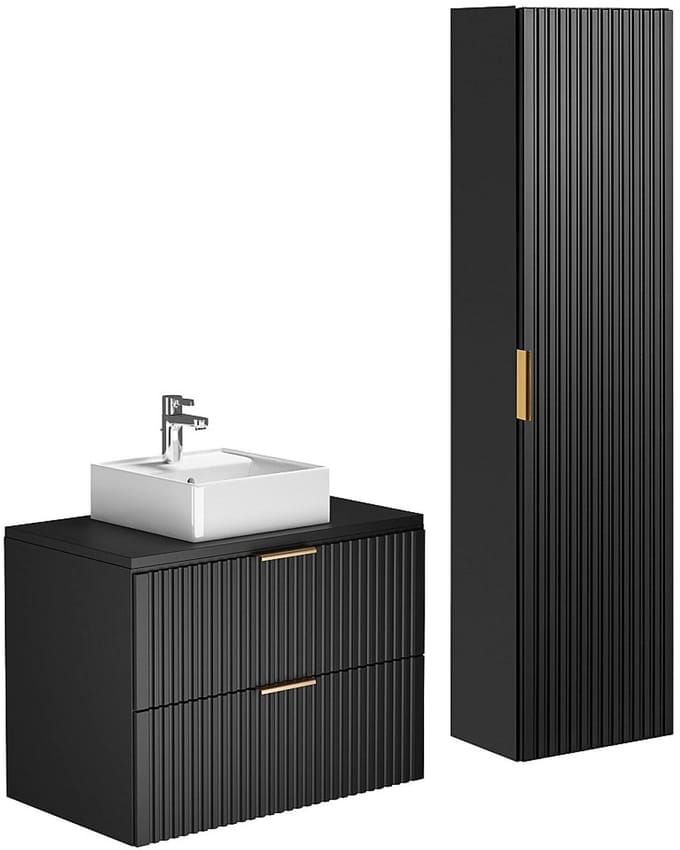 Vente-unique Geribbeld hangmeubel met opbouwwastafel en kast - Zwart - 80 cm - ZEVARA