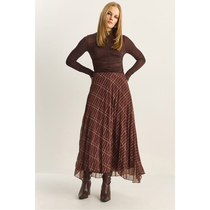 Hoge Taille Maxi Chiffon Geruite Rok
