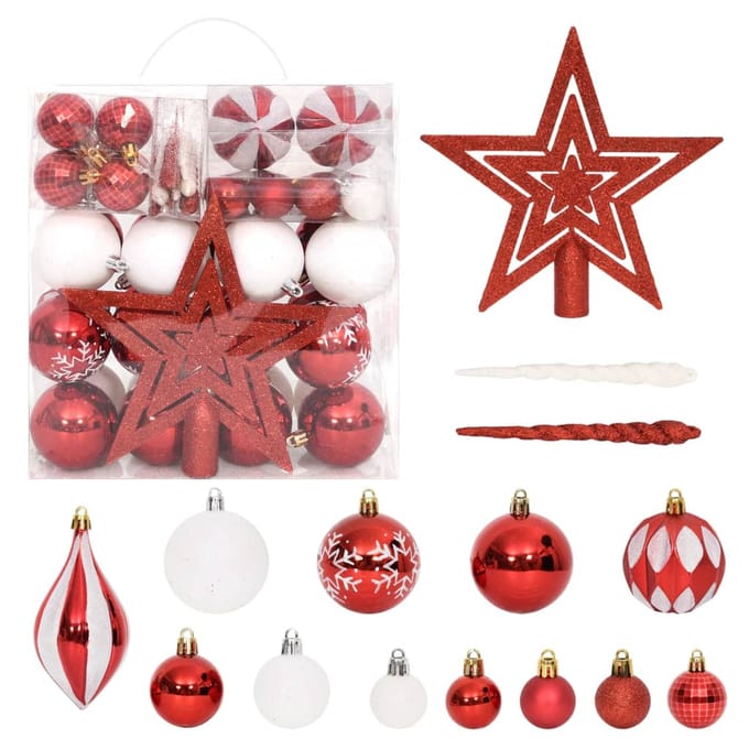 vidaXL - 64-delige - Kerstballenset - rood - en - wit