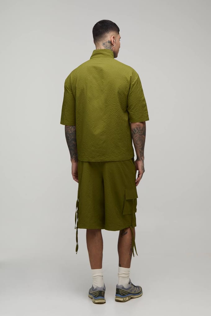 Lang Oversized Shirt Met Col Hals En Gestructureerde Ripstop Cargo Stijl & Lange Short Set | Khaki | Size Medium