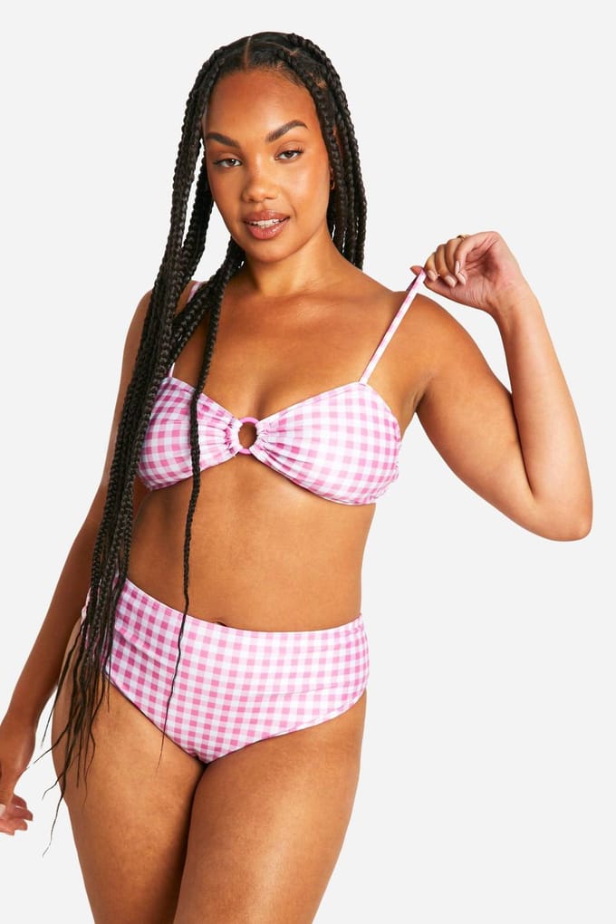 boohoo Dames Plus ruitjesprint high waist bikinislip | Roze | Maat: 56