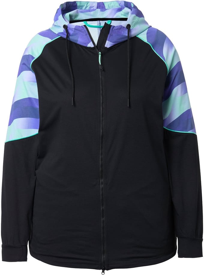Ulla Popken - Dames - Light-functionele jas UV-bescherming 50+ capuchon duimgat - Zwart - Maat 46+