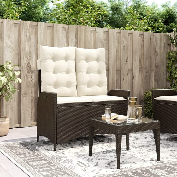 vidaXL - Tuinbankje - verstelbaar - met - kussens - poly - rattan - bruin