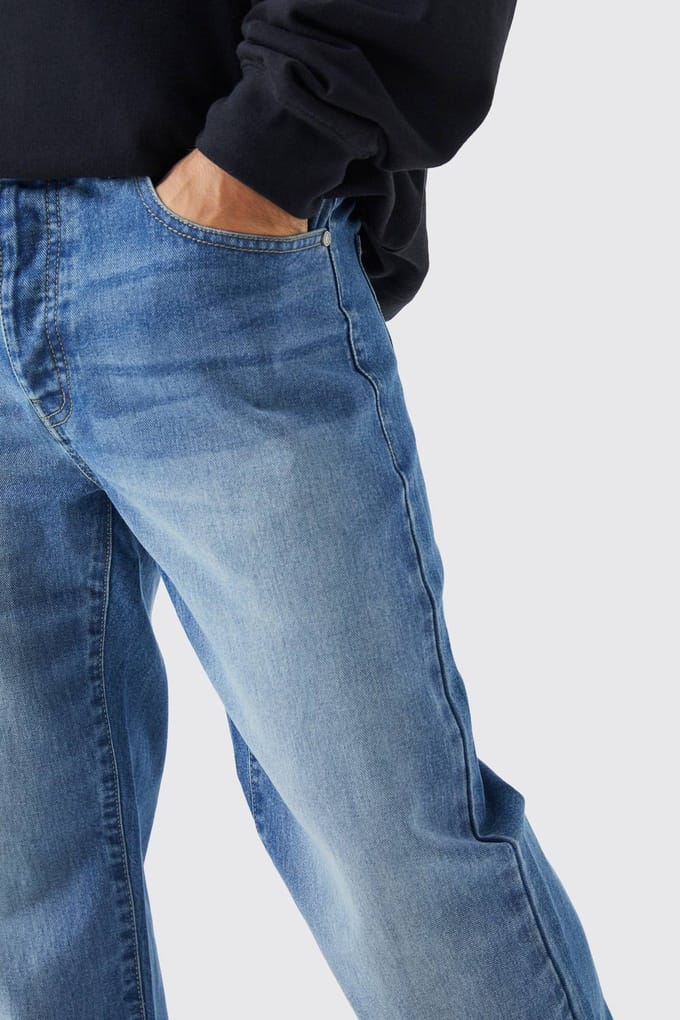 Relaxed Rigid Washed Jeans | Mid Blue | Size 48R