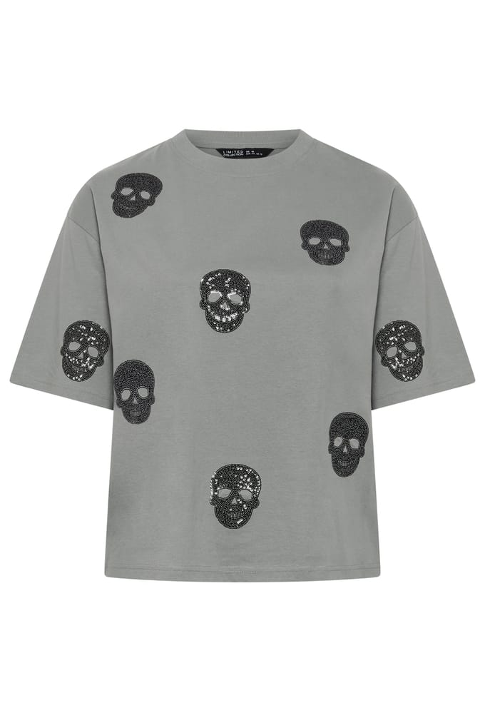 Limited Collection Grijs Tshirt Met Pailletten En Doodskopprint Size 48