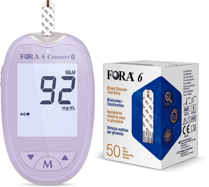 FORA 6 connect Glucosemeter (Multi-parameter) (purple meter) - Bloedsuikermeter - Glucose Meter - Inclusief Glucose Strips