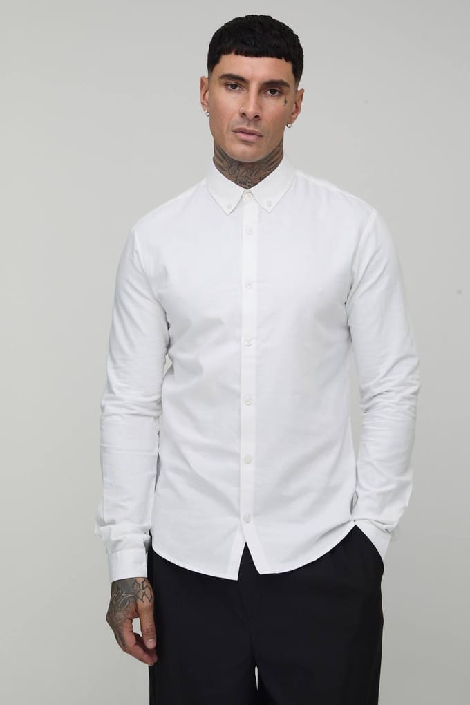 Lang Slim Fit Overhemd met Knoopsluiting en Oxford Lange Mouwen | White | Size Medium