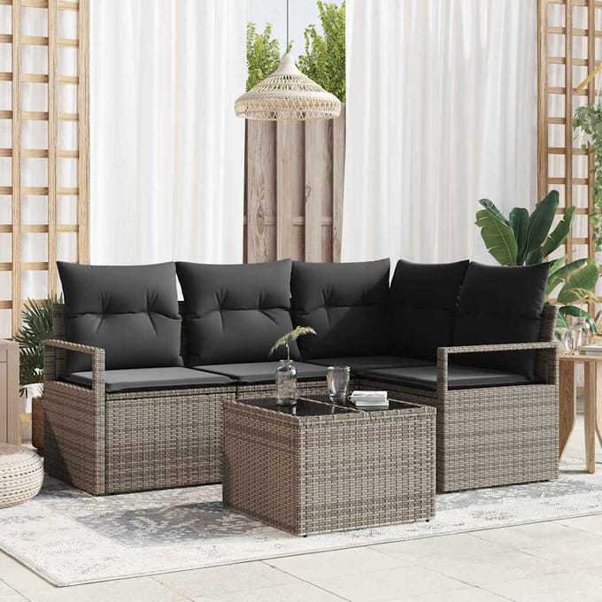 vidaXL Bankstel met kussen met opslag 5 pcs Lichtgrijs poly rattan