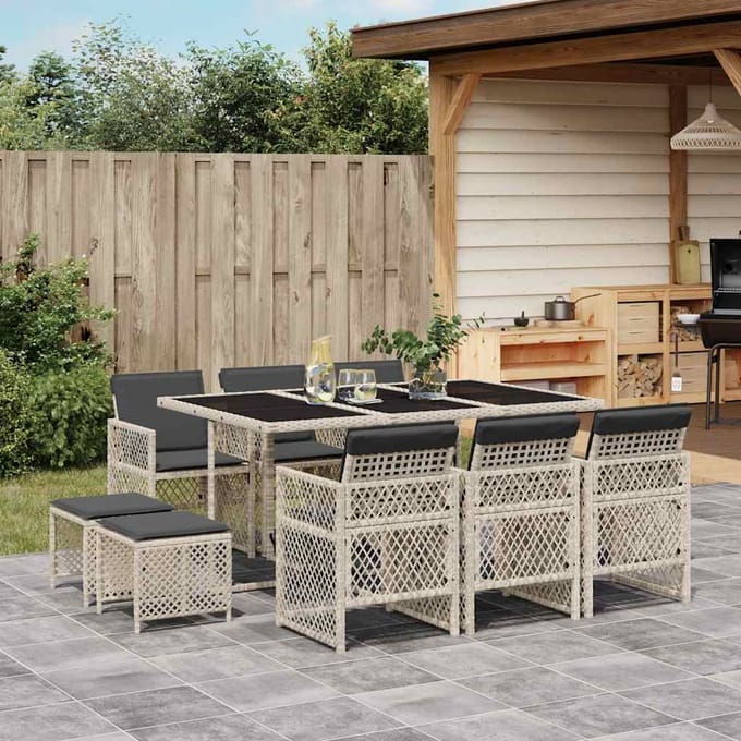 vidaXL - 11-delige - Tuinset - met - kussens - poly - rattan - lichtgrijs