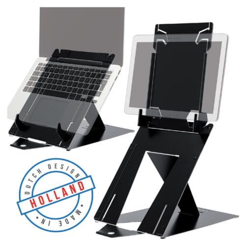 R-Go Riser Duo, tablet and laptop stand in 1, adjustable folding notebook stand, Hylite aluminium, compatible with laptop/tablet (10- 22 inches), black